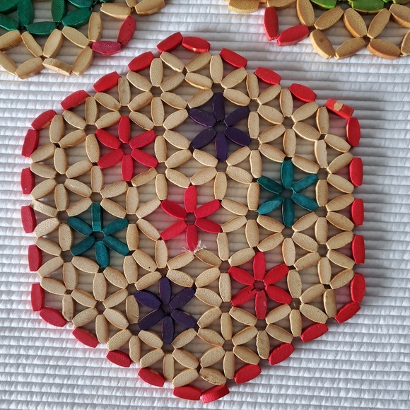 3 Vintage Wood Trivets Hot Plate Boho Multi Colour Wall Art Round Hexagon - Picture 6 of 8